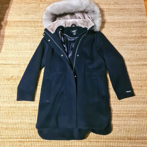 DKNY luxurous wool parka anorak coat winter fall navy blue size M - Picture 2 of 9